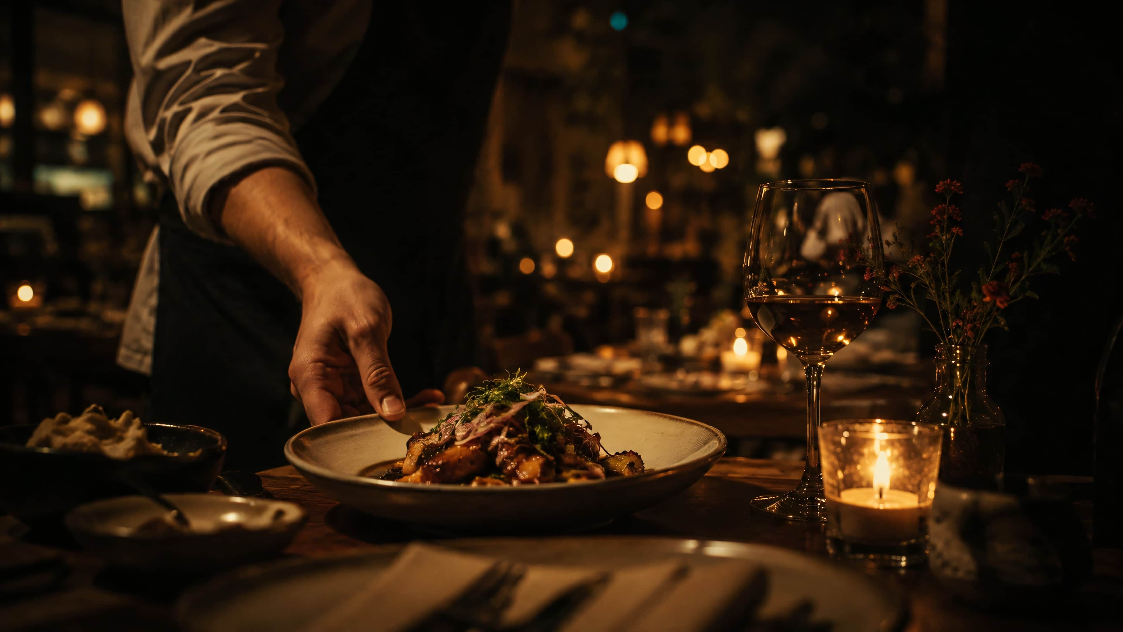 A plate being served at a candlelit table